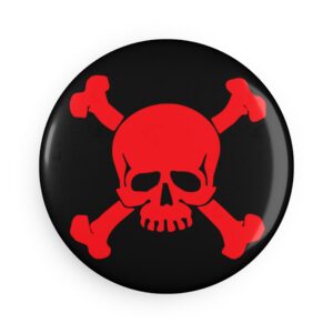 Skull And Crossbones Red And Black Button Magnet - Round